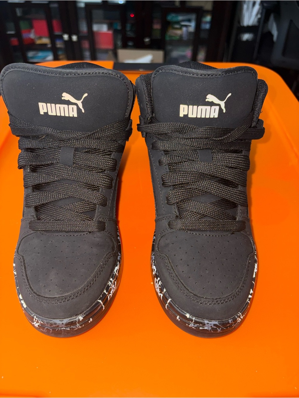 Puma Kids Black High-Top Sneakers with White Marble Trim